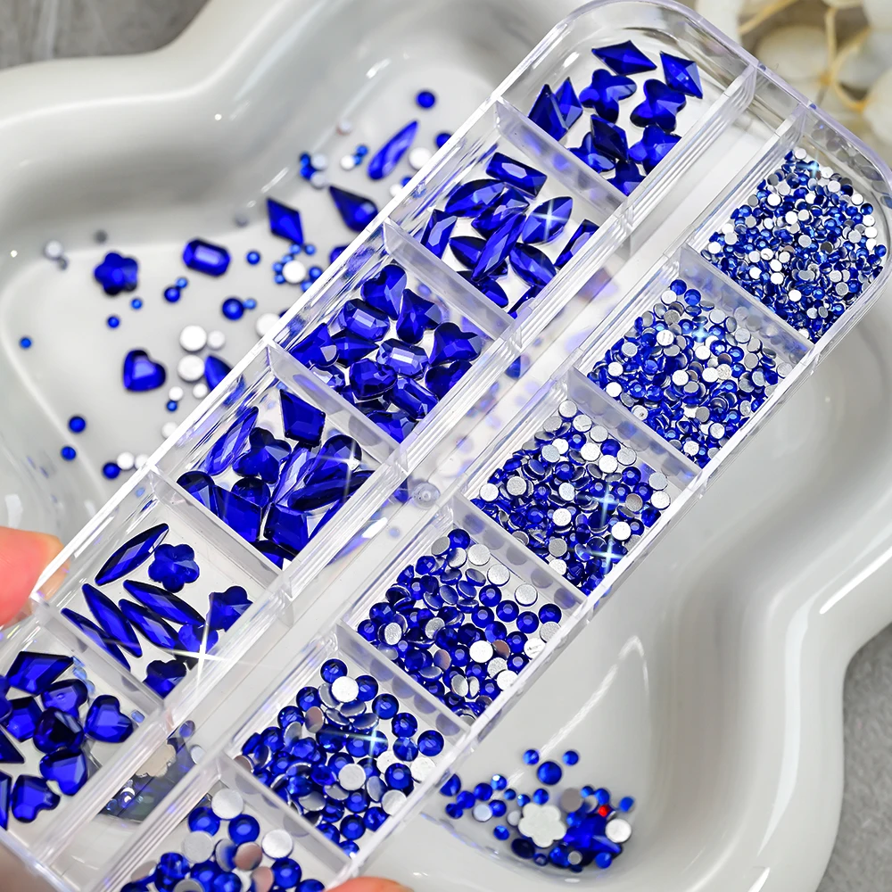 12Grid 3D Christmas Blue Crystal Nail Art Rhinestone Glass Stone Flatback Diamond Non-hotfix Rhinestone for Nail Art Decoration