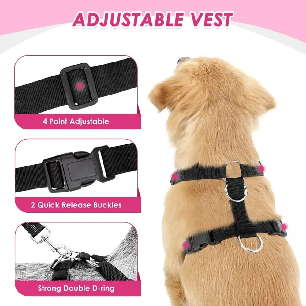 Dog Car Harness Seatbelt Set, Dog Vest Harness Adjustable with Breathable Mesh & Vehicle Safety Seat Belt Tether with Elastic