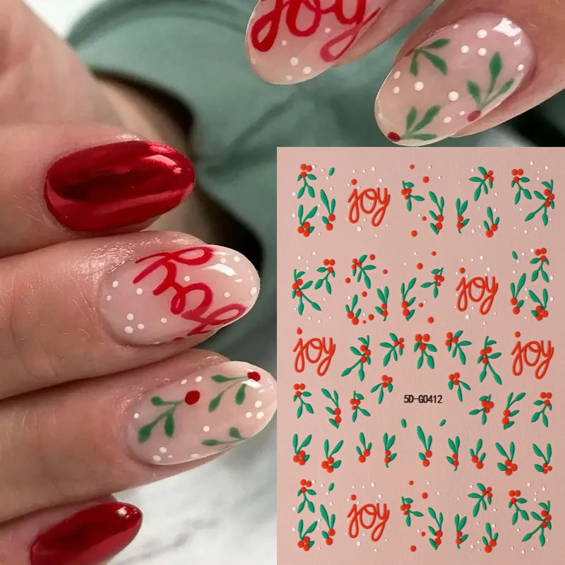 1pc 赤緑クリスマスヒイラギの葉ネイルアートステッカー喜びクリスマスネイルデカール冬新年ホリデー用品ネイルチャーム装飾