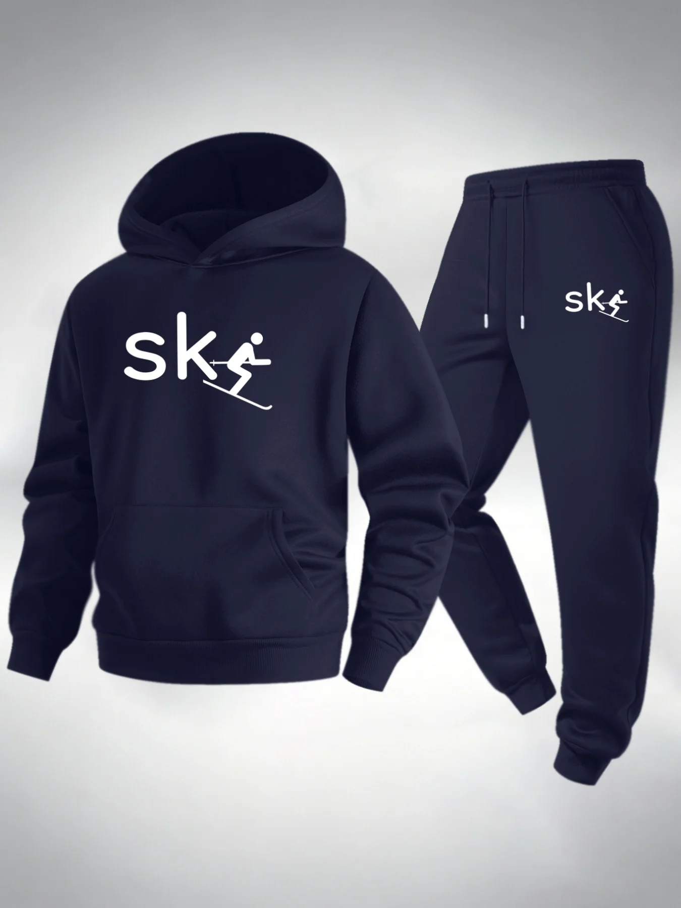 Men 2 Pieces Tracksuit Ski Skier Print Hoodie and Jogger Pants Set, Autumn Winter Casual Street Hooded Sweatshirt Sport Suit