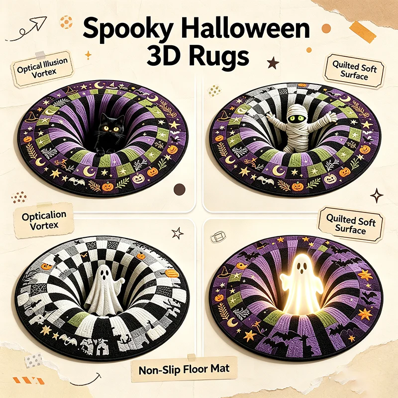 Halloween 3D Vortex Optical Illusion Round Rug Pumpkin Ghost Horror Theme Non‑slip Area Carpet Home Party Decoration Floor Mat