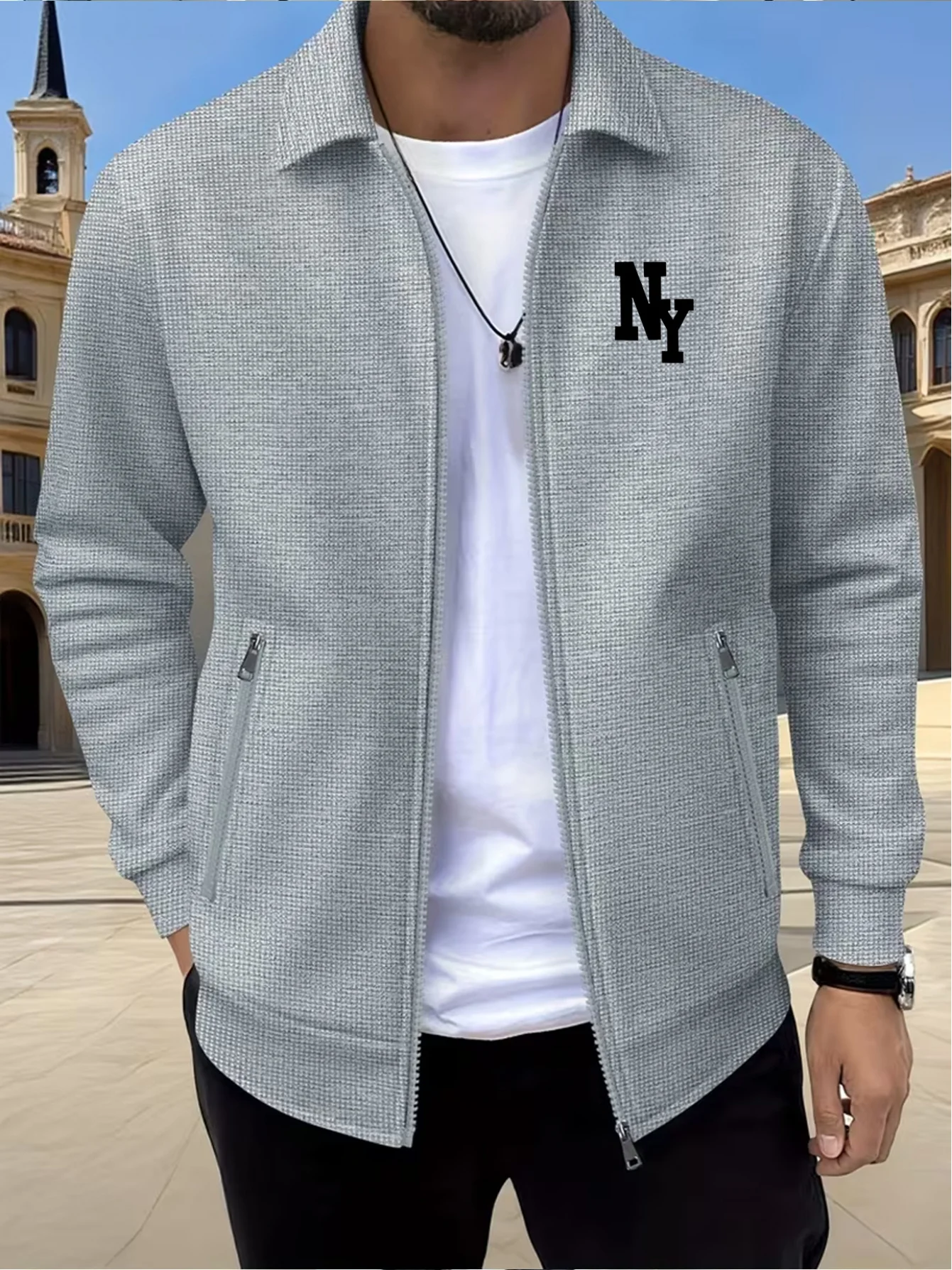 NYMen's Waffle Knit Stand Collar Zipper Jacket，Spring and Autumn，Multi-Color Optional，Simple and Versatile Casual Cardigan