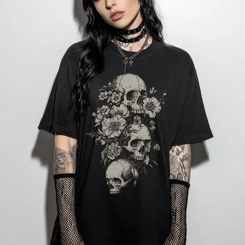 Unisex Black Death‑Metal Demon Cat Graphic Tee, Vintage Occult Skull Print Design Loose Fit Gothic Punk Streetwear for Men Women
