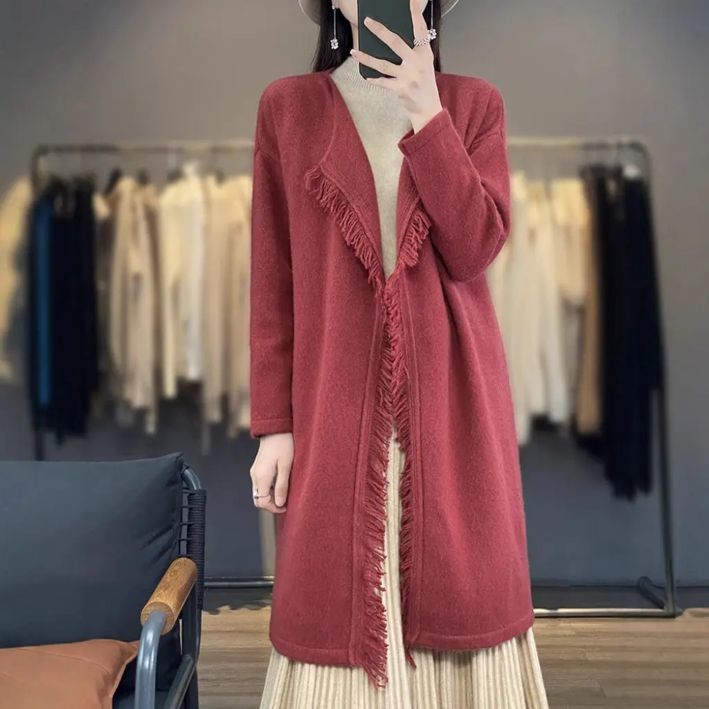 

Women's V-Neck Knitted Cardigan Long Jacket Casual Fashionable Elegant Wool Tassel Detail Thickened Autumn Winter 100% New