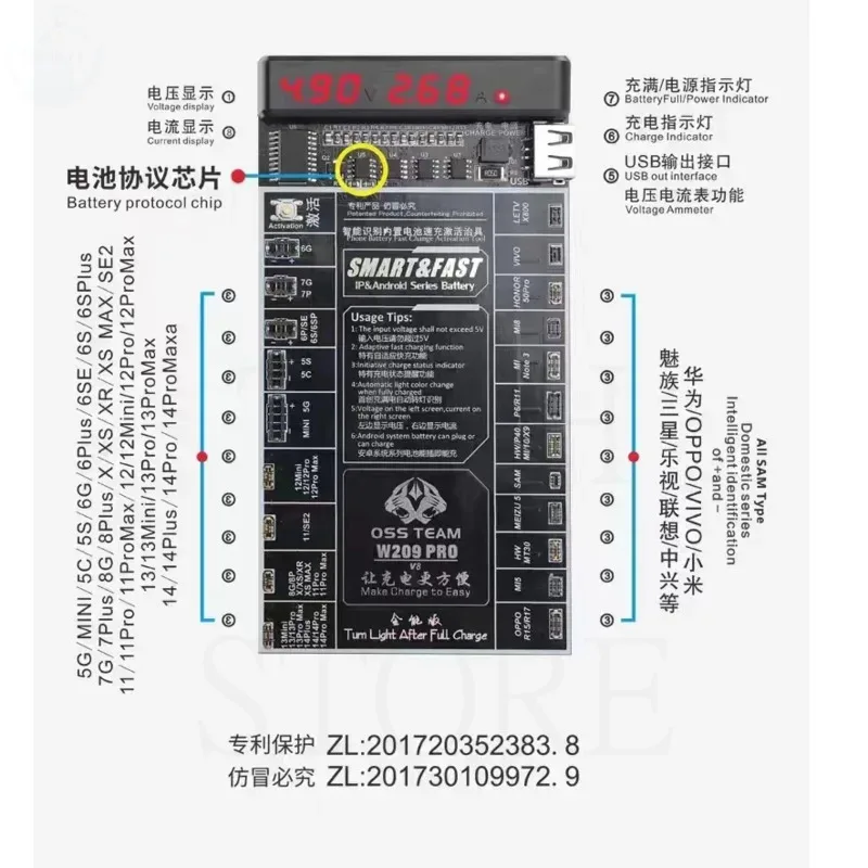 OSS TEAM W209 Pro V8 Battery Quick Charge Activate Board Test Fixture for iPhone 4- X 11 12 12Pro 12ProMax 13 14 Android Use