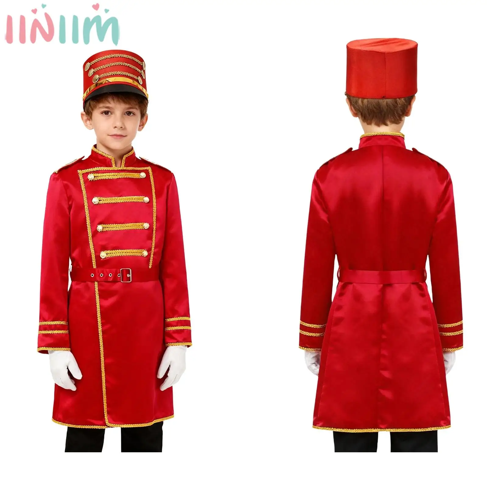 

Kids Drummer Marching Band Honor Guard Parade Performance Jacket with Hat Gloves Flag Raising Uniform Halloween Carnival Costume