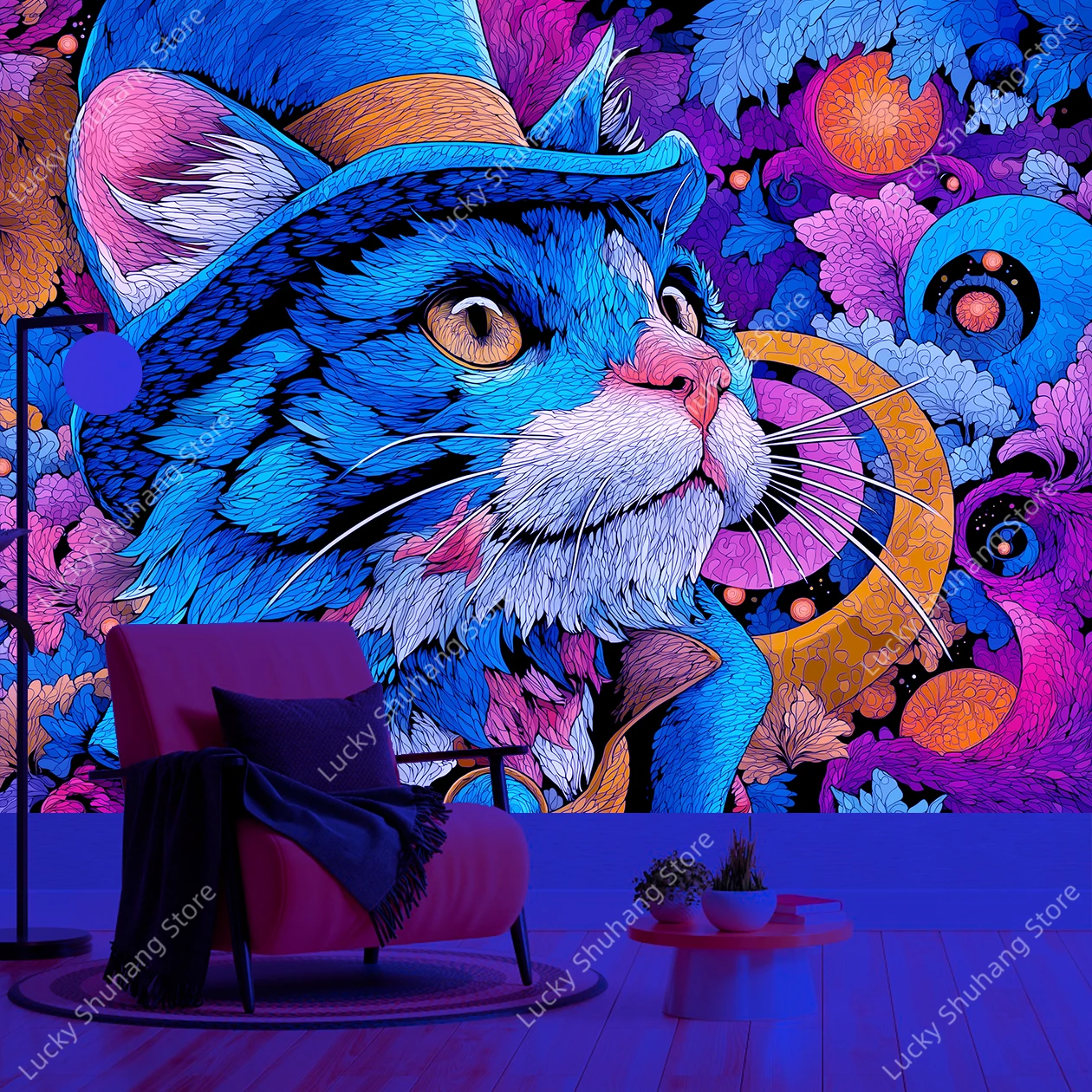 

Яркий богемный кот, УФ-гобелен, красочный экзотический настенный гобелен с животными для декора гостиной, спальни, уникальный художественный домашний акцент