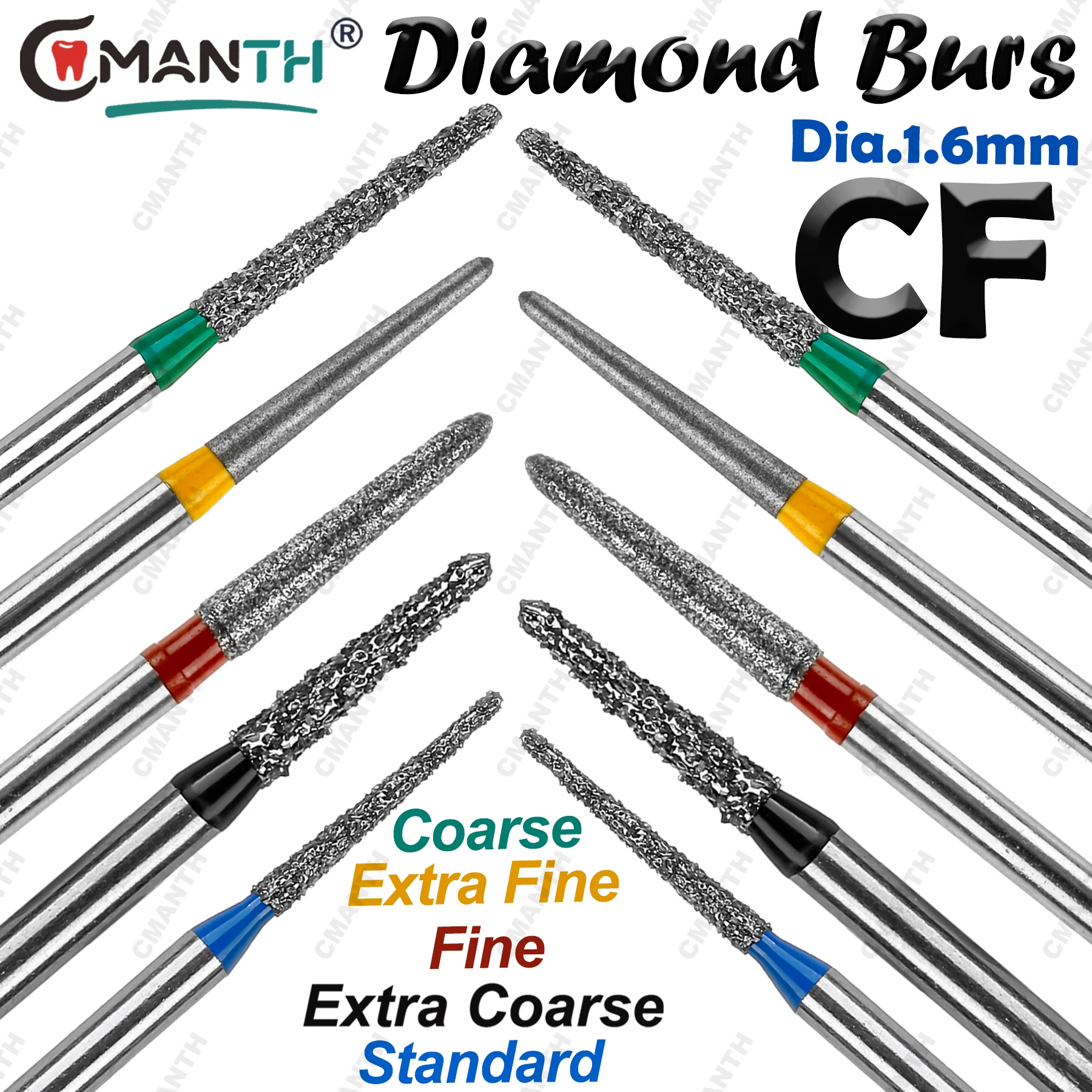 

Стоматологические алмазные боры CF типа, очень тонкие, грубые, очень грубые, стандартные боры для высокоскоростного наконечника диаметром 1,6 мм, 10 шт./упак.