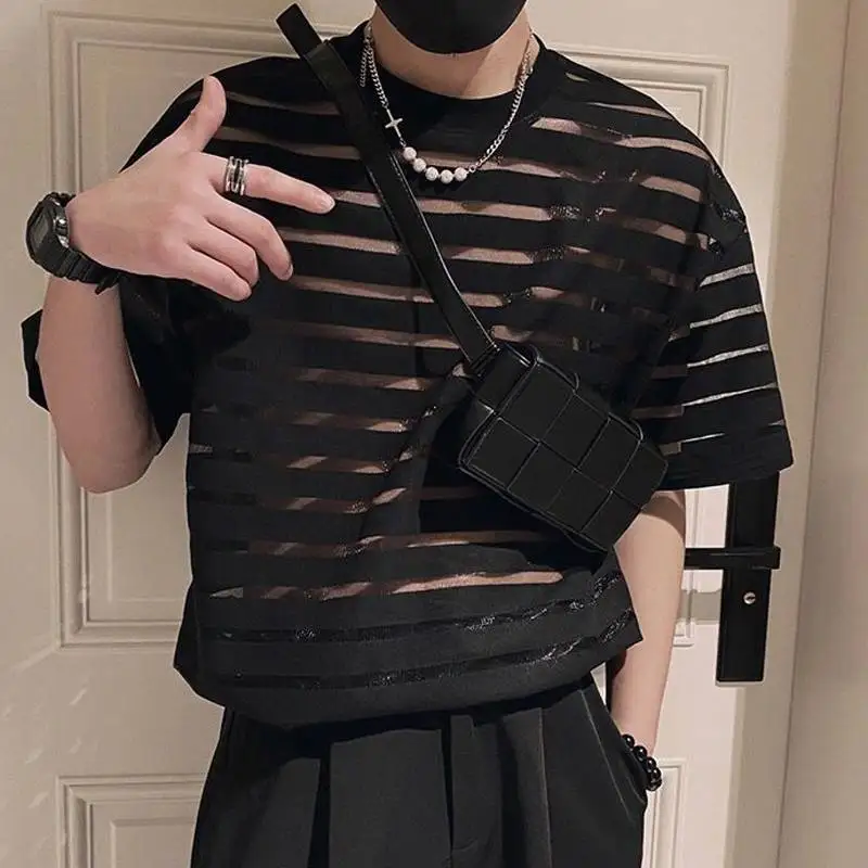 2023 Męska koszulka z siateczki w paski O-neck Krótki rękaw Przezroczysta odzież męska Streetwear Seksowna koreańska moda Tee Tops S-5XL INCERUN
