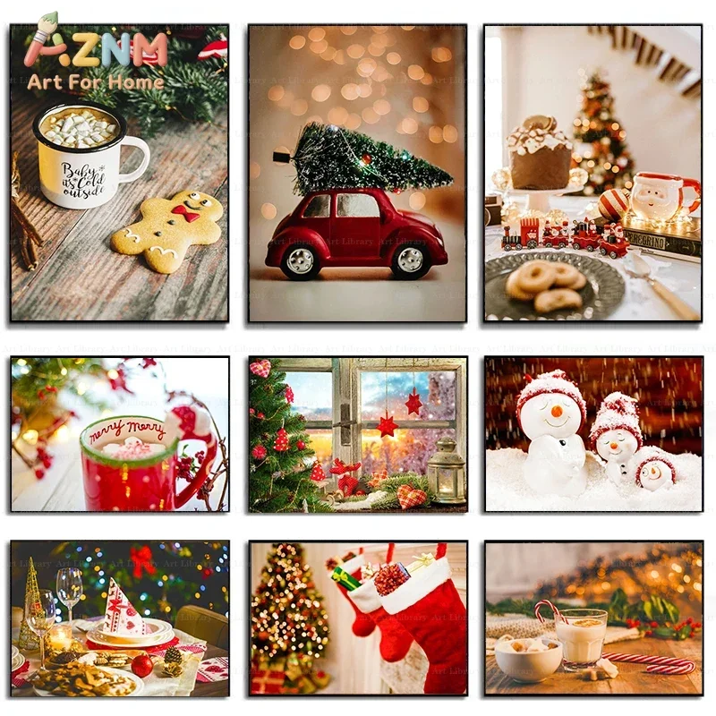 AZNM Christmas Winter Scene Canvas Wall Art Print Snowman Gingerbread Xmas Tree Hot Cocoa Poster Unframed Canvas Painting for Ho