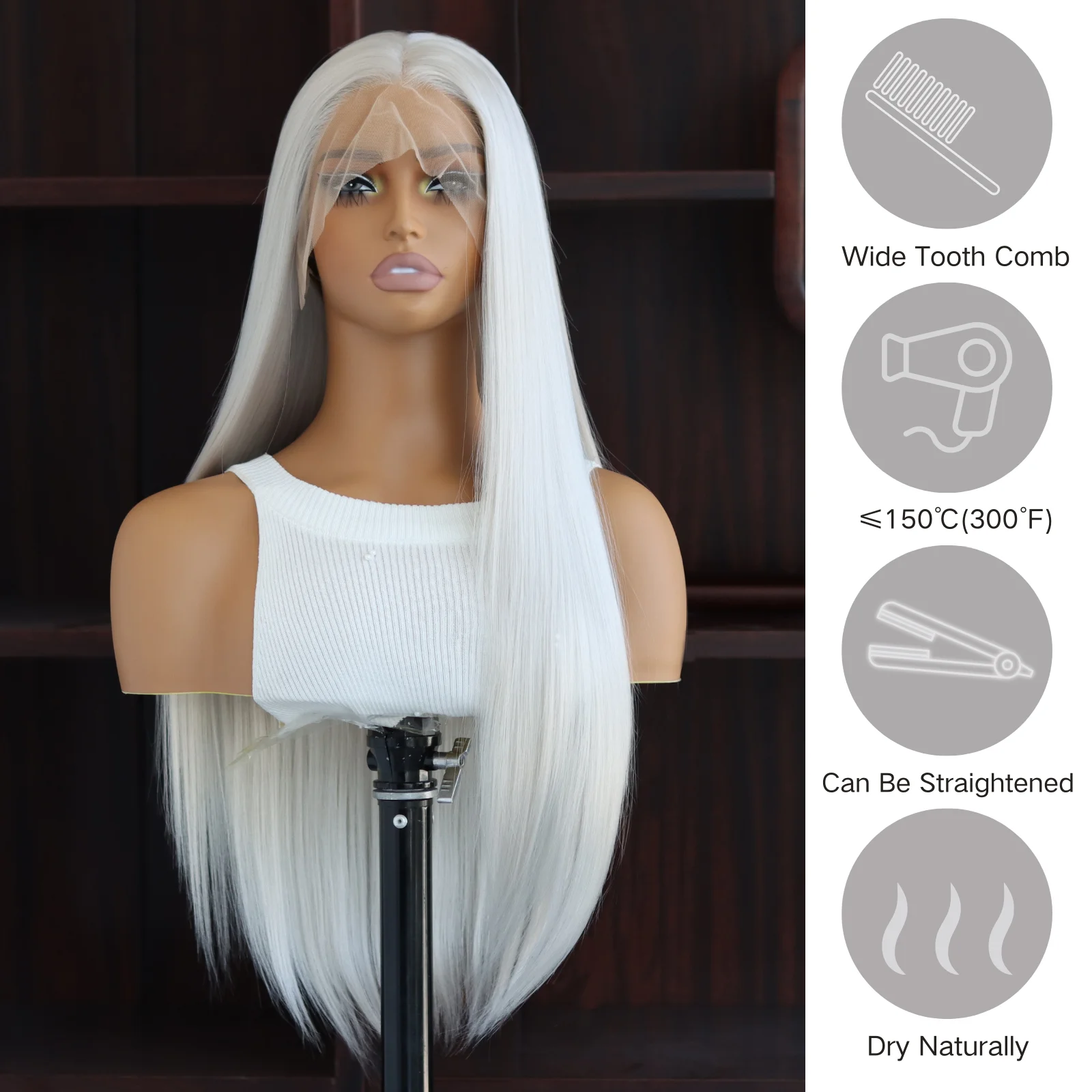 White Lace Front Synthetic Wig Long Straight Platinum Snow White Synthetic 13×4 Lace Front Wigs Pre Plucked Natural Hairline Wig image 6