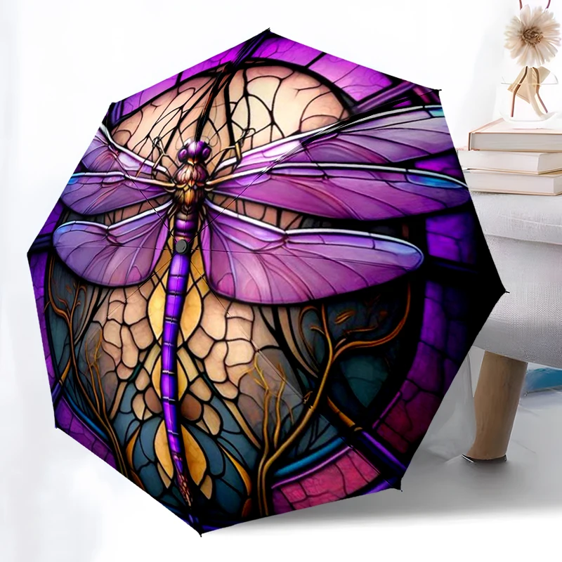 Stained Glass Dragonfly Umbrella, Portable 8-Rib Iron Frame Umbrella, Perfect for Outdoor Travel, Home Accessory, Christmas Gift