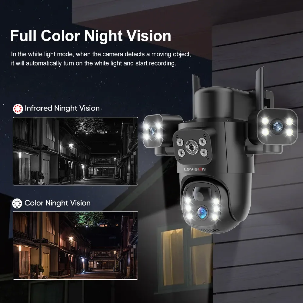 LS VISION 15MP 4G 태양광 카메라 3화면 야외 IP 카메라 10배 디지털 줌 PTZ PIR 인체 감지 CCTV 양방향 오디오 V380 Pro