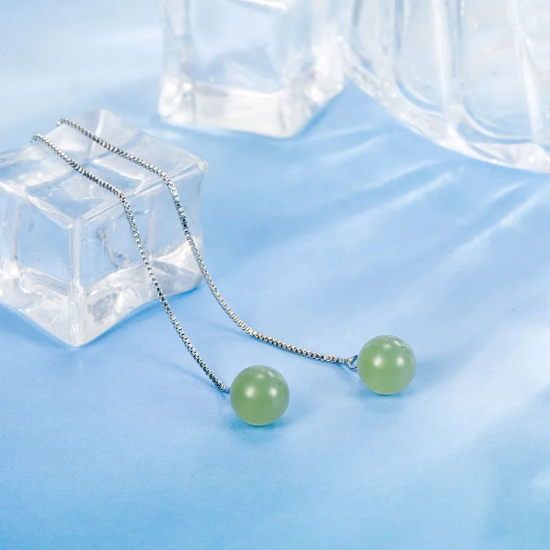 KOFSAC Elegant 925 Silver Long Line Drop Earrings Jade Green Pendant Tassel Earrings Fashion Summer Ladies Jewelry Women Gifts