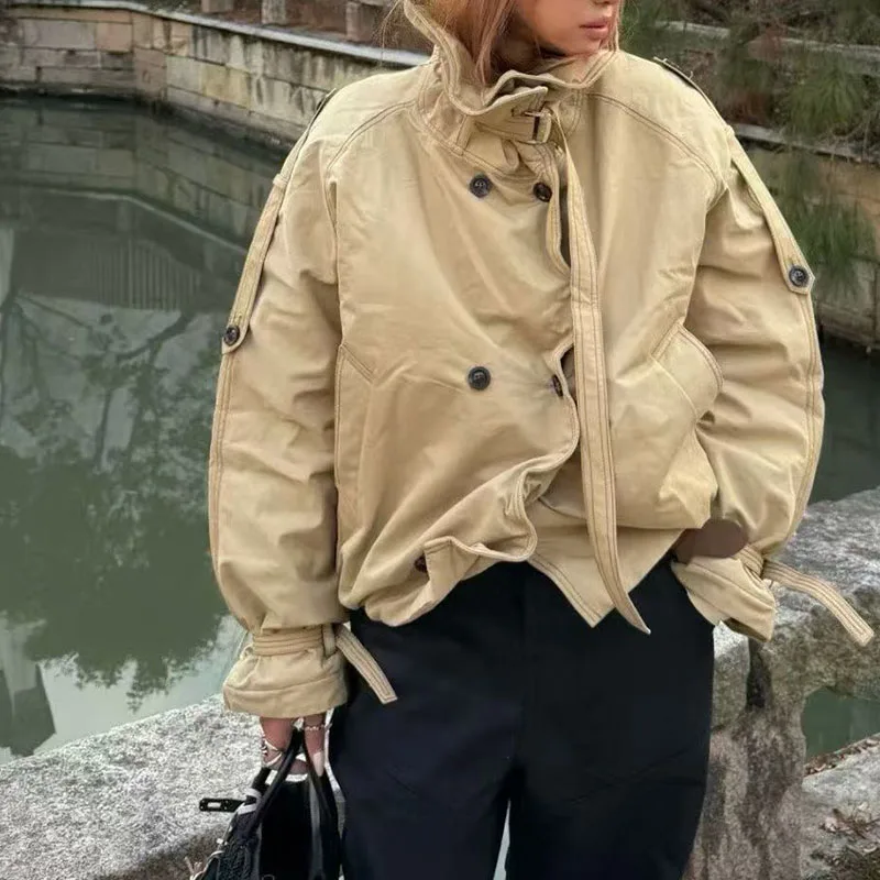 2026, New Arrival, Women's Double-Breasted Jacket, Long-Sleeved Loose-Fitting Cropped Trench Coat, High-Quality Warm Coat, Y2K