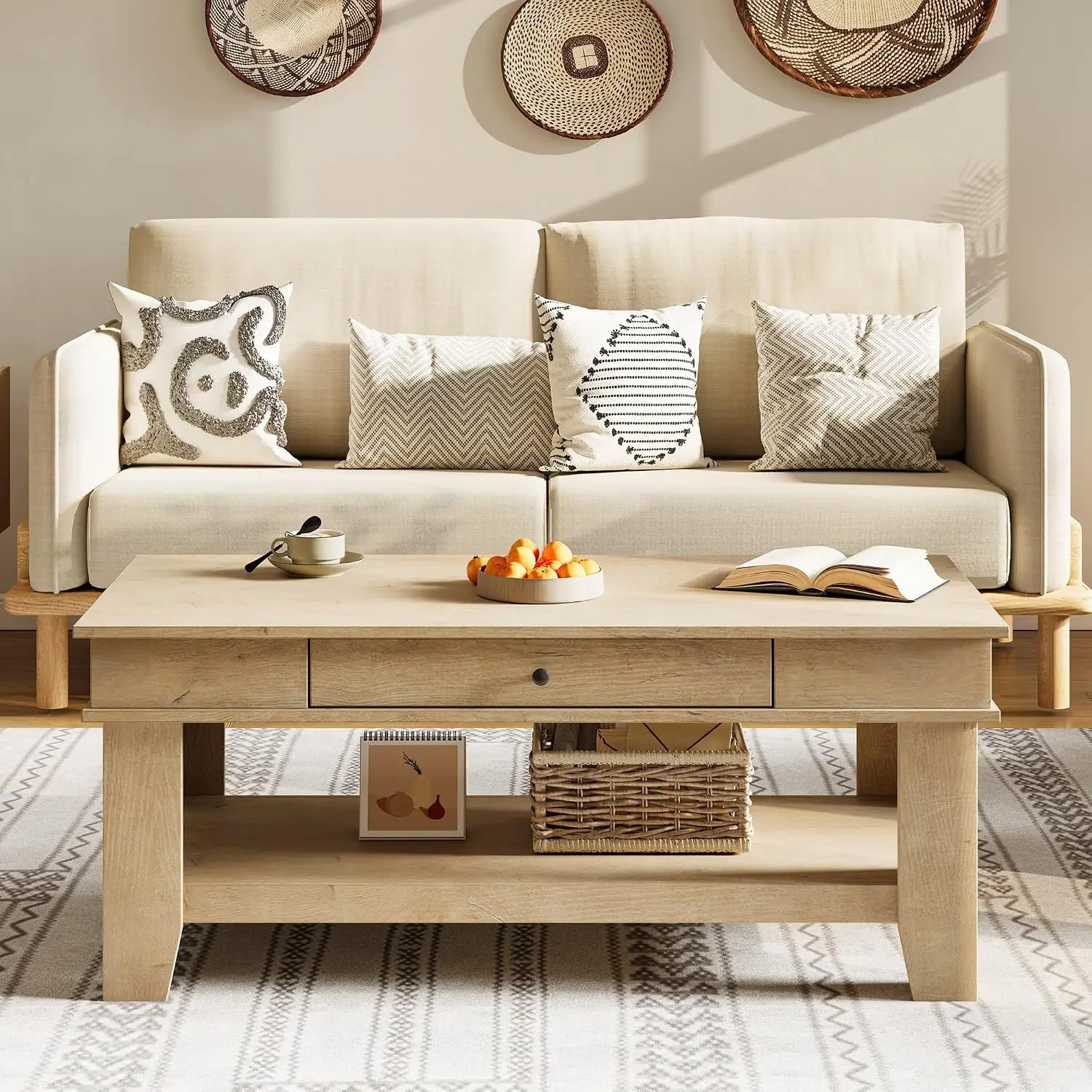 Rectangular Coffee Table with Drawer & Shelf, Long Center Table for Living Room, Rustic Wood, Stable Structure,  Customized