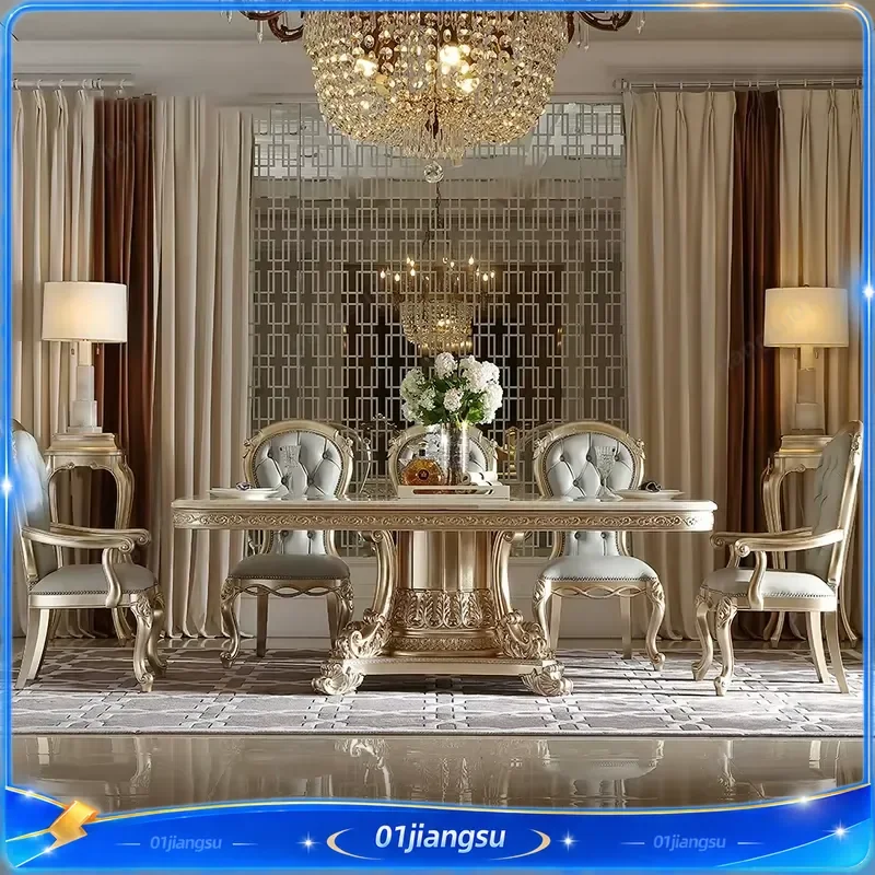 Luxury Solid Wood Dining Table Set 6 Seater European Classic Royal Style Handmade Antique Furniture for Home Hotel Villa