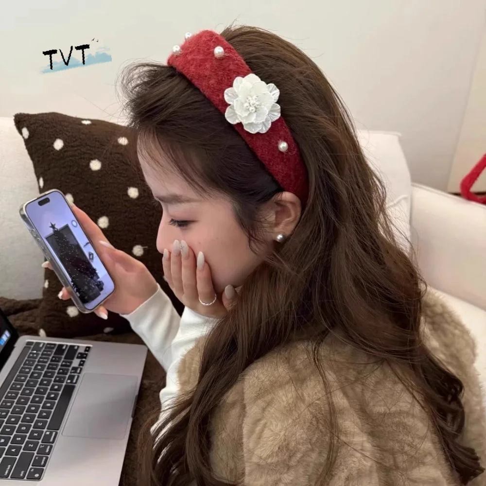

Korean Style Flocking Flower Headband Sweet Exquisite Floral Pearl Hair Hoop Headwear Non-Slip Wide Edge Hairband Daily