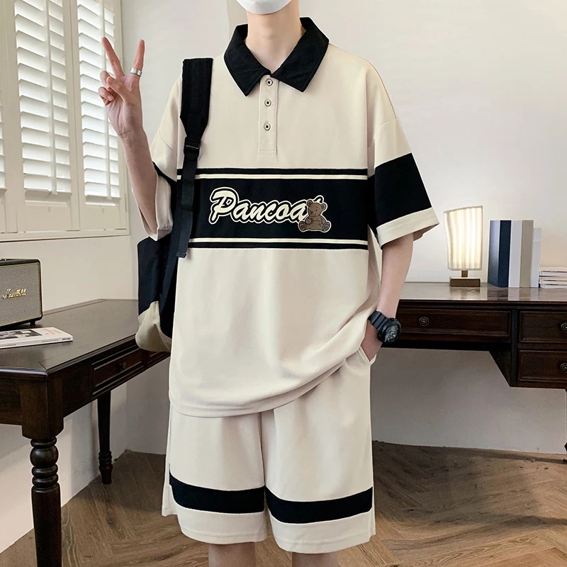 

Мужская рубашка-поло и шорты, повседневный комплект из двух предметов, модная спортивная одежда в Корейском стиле, лето 2024