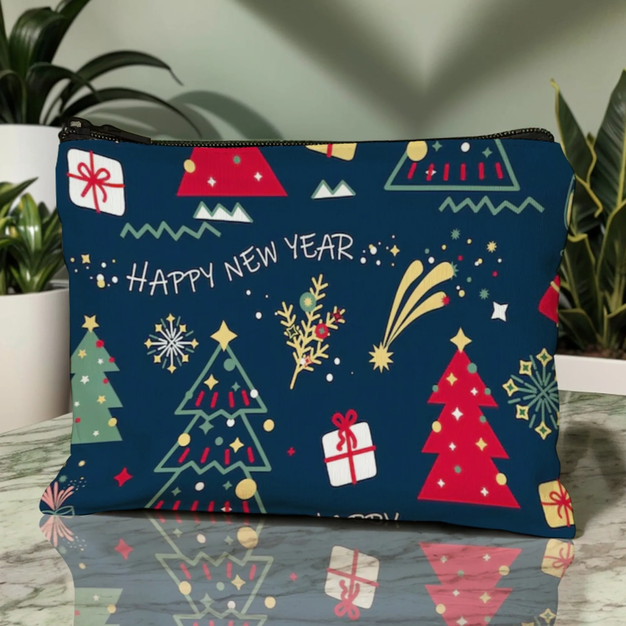 New Year & Christmas Celebration Cosmetic Bag Dual-Holiday Motifs with Gold Foil Accents for Festive Gatherings & Gift Exchanges