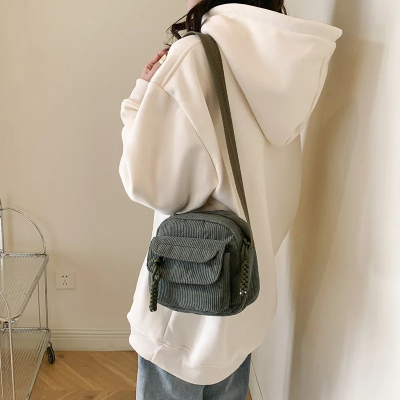 Mini sac à main en velours côtelé pour femmes, sac à main en toile pour dames, sac à main décontracté à fermeture éclair, bandoulière, poudres de