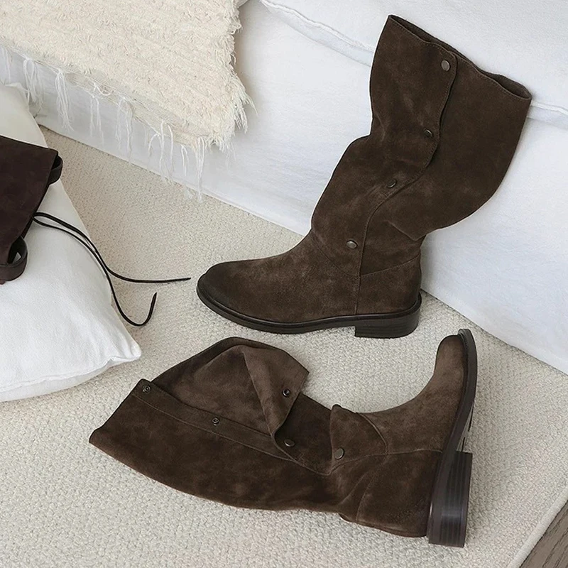 

Aneikeh 2026 Autumn Winte Vintage Pointed Toe Women Knee-High Boots Square Low Heels Shoes Designer Buckle Strap Long Booties