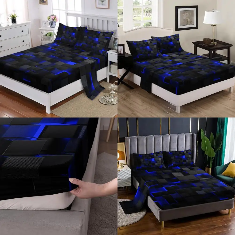 طقم ملاءات سرير مكون من 4 قطع بتصميم هندسي مقاس مزدوج، ملاءة سرير زرقاء سوداء مع جيوب عميقة مقاس 16 بوصة للأطفال والكبار