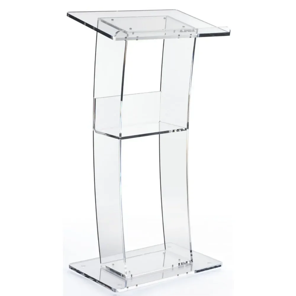 Open Back Curved Clear Lectern Pulpit Stand Acrylic Podium For Floor With Storage Shelf