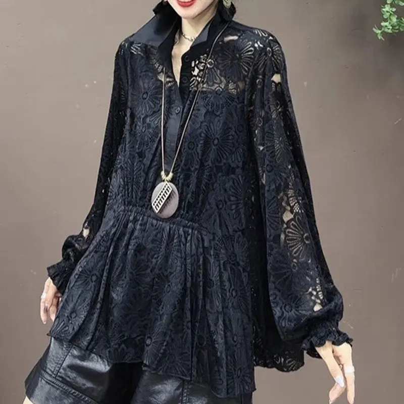 Stylish Lace Hollow Out Shirt Turn-down Collar Summer Long Sleeve Women\'s Clothing Button Solid Color Vintage Shirring Blouse