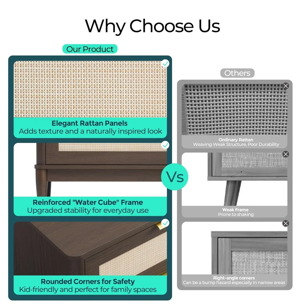 LINSY HOME Cômoda de vime para quarto com 8 gavetas, 54 cômoda larga, cômoda moderna de meados do século, suporte de TV com metal H