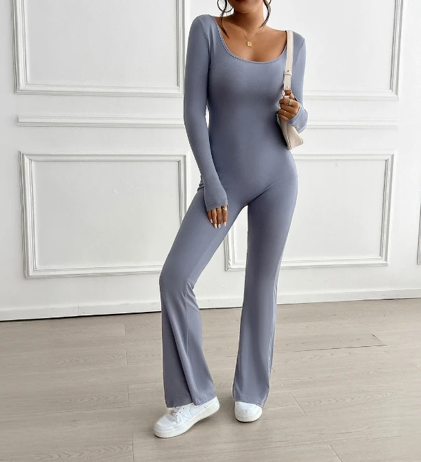 Temperament Slim Fit U-Neck Backless Long Sleeved Jumpsuit Full Length for Sexy and Elegant Women