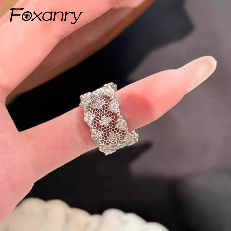 Foxanry Hollow Lace Geometric Rings For Women Girls Vintage Simple Fashion Temperament Elegant Gentle Wedding Bride Jewelry Gift