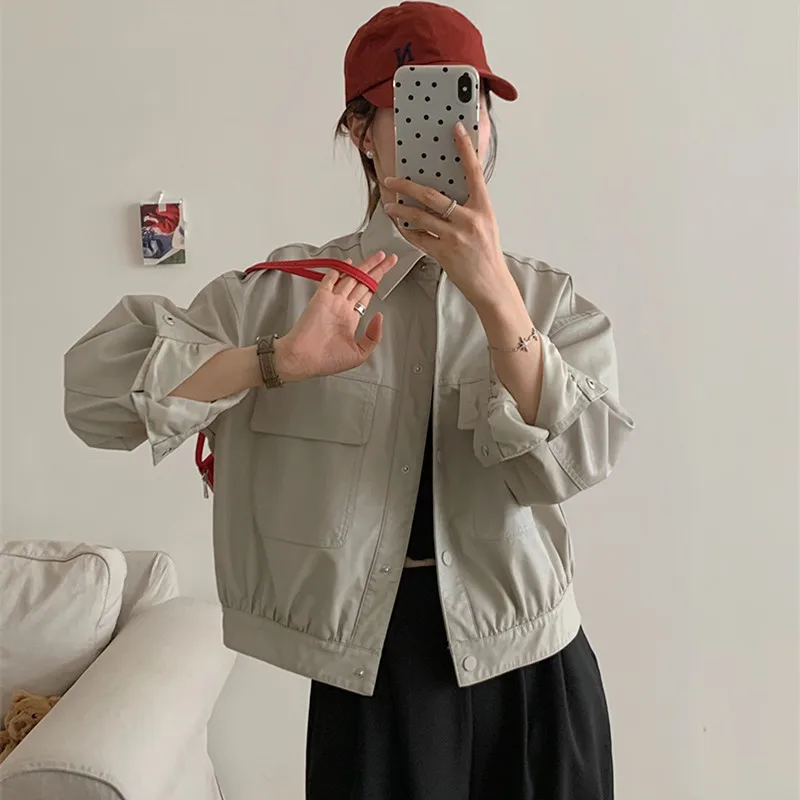 Veste en faux cuir PU pour femme, veste de motard à manches longues, revers à grande poche, simple boutonnage, mode coréenne, document solide, mince, court