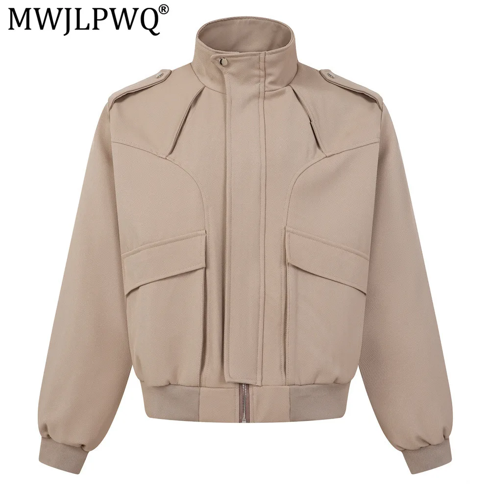 MWJLPWQ Cleanfit Workwear Stand Collar Jacket Men Trendy Three-Dimensional Cut Solid Color Loose Fit Half-High Collar Tops 20902