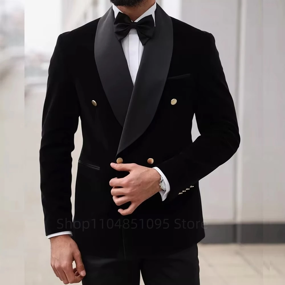 2 Piece Black/Blue Velvet Men Suits Slim Fit Smart Casual Wedding Dress Shawl Lapel Jacket Pants Groom Tuxedos for Party Prom