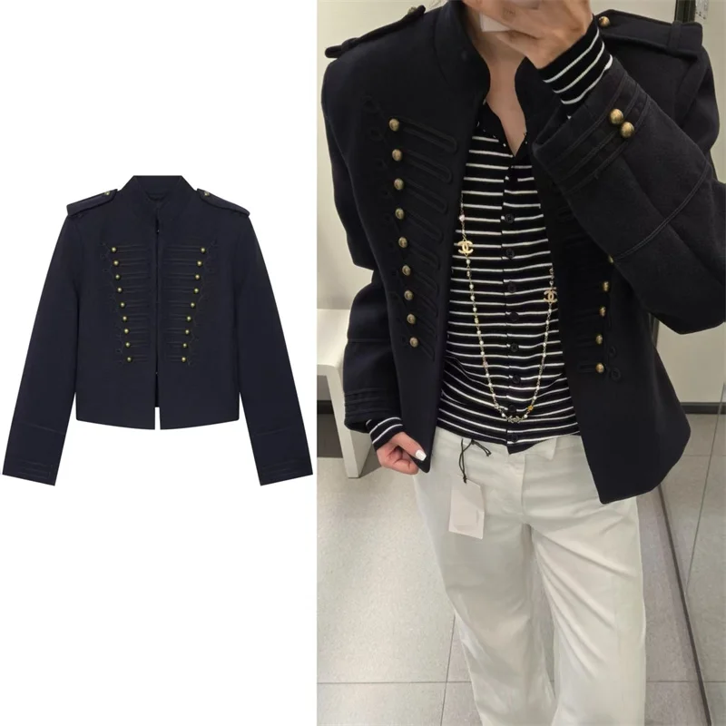 Guobioziy Women's Jacket 2026 Autumn New Navy Blue Long-Sleeve Button Napoleon Knight Style Jacket Stylish and Trendy