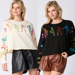 Halloween Skeleton Sequins Fashion Top Woman Loose Casual Pullovers For Women New 2025 Loose Cute Short T-shirts