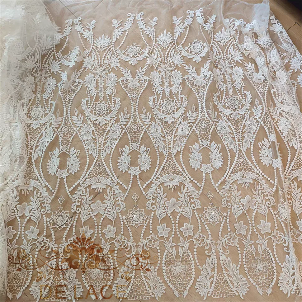 

JZQ Exquisite European Style Bridal Beaded Fabric Sequins Laces High Quality Mesh with Floral Pattern for Weddingdress
