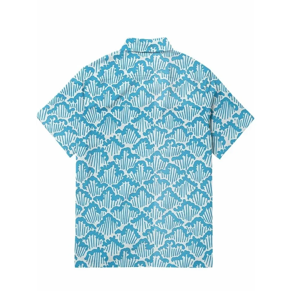 Camisa de algodón 100% ondulada azul, camisa hawaiana con pintura ukiyo-e para hombre, camisas con botones de manga corta de verano, camisetas tropicales divertidas