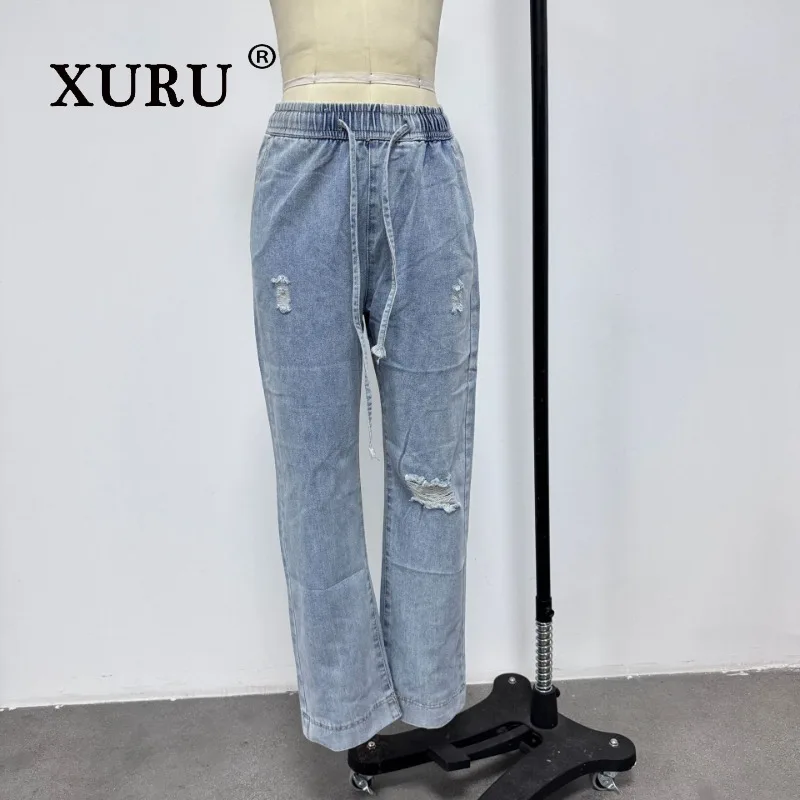XURU - New Women's Perforated Slim Fit Jeans, Y2k Clothes Fashionable and Personalized Elastic Waist Long Jeans, Men's Pants