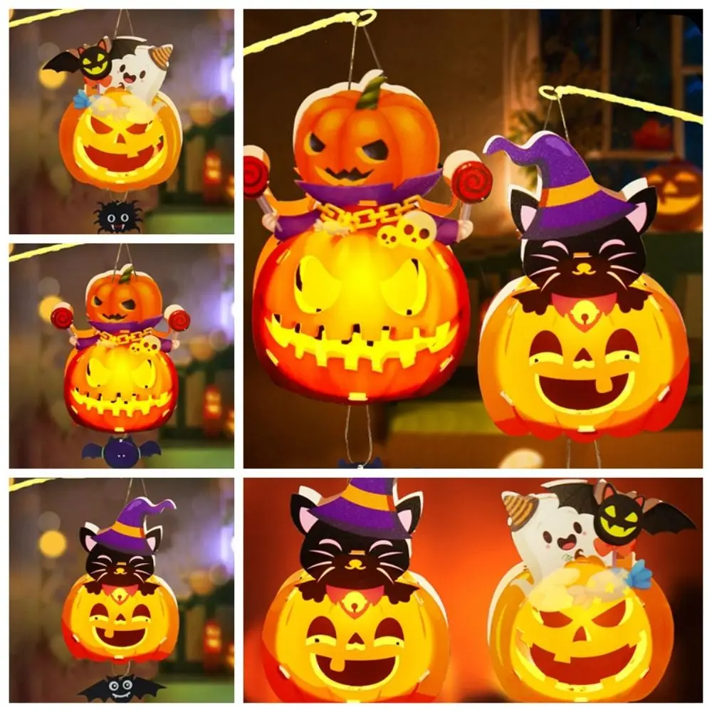 

Happy Halloween Day Halloween Lantern DIY Materials With LED Light Handmade Halloween Pumpkin Lantern With Handle Glowing