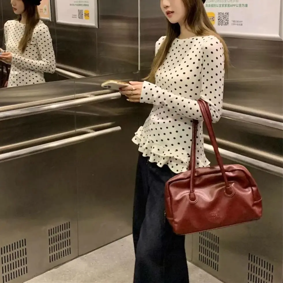 Gepunktete Dünne T-Shirts mit Rüschenbesatz Langarm-Basis-T-Shirt Lässiger Frühlings-Koreanischer Stil Süße Stylische Oberteile 2026 Neue Damenkleidung