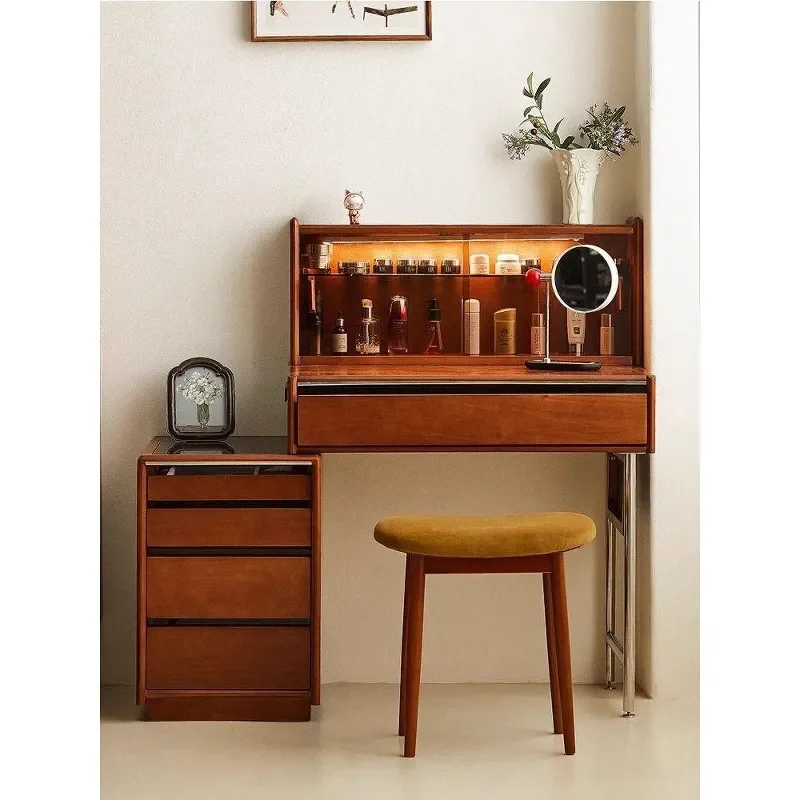 Retro Solid Wood Dresser Nordic Telescopic Desk Small Apartment Storage Bedroom Medieval Bedside Table Space Saving Furniture