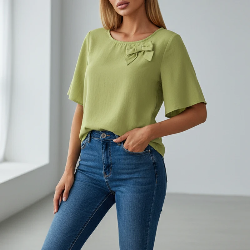 2026 ZANZEA Camicette di lino in cotone casual estivo Camicette da donna con fiocco dettagliato O-Collo Mezza manica Tinta unita Top alto-basso Abbigliamento donna