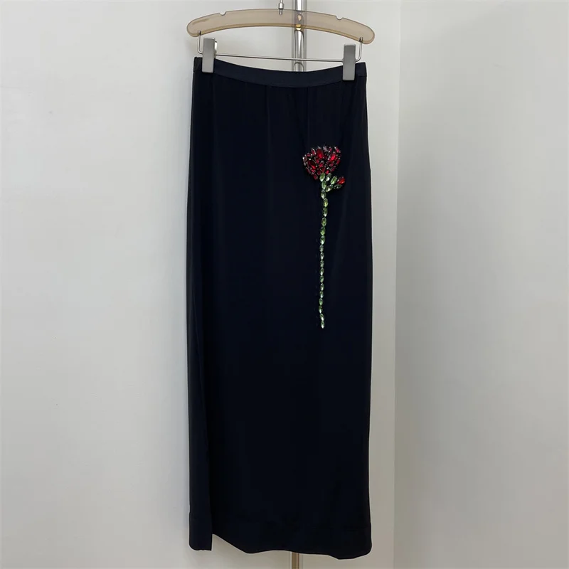 Women's skirt New high waisted slim pencil skirt for summer 2025 rose nail bead women's half skirt Mesh breathable long skirt