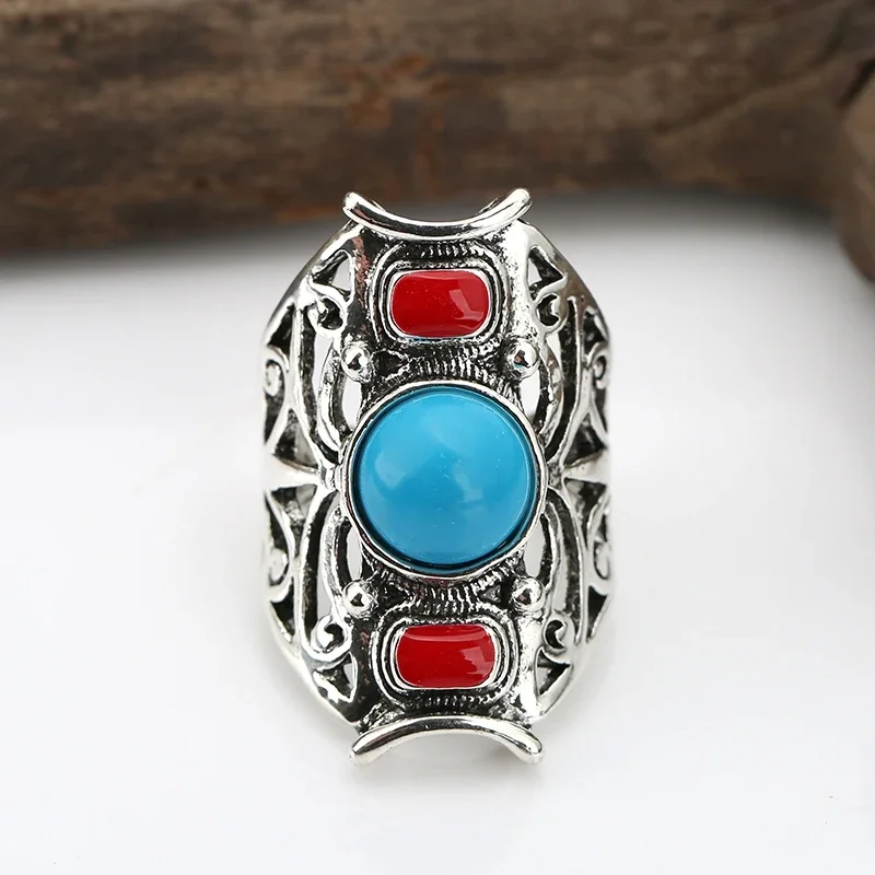 Rings for Women Vintage Silver Color Blue Turquoise Bridal Fashion Jewelry Wedding Engagement Ring Party Accessories Gift