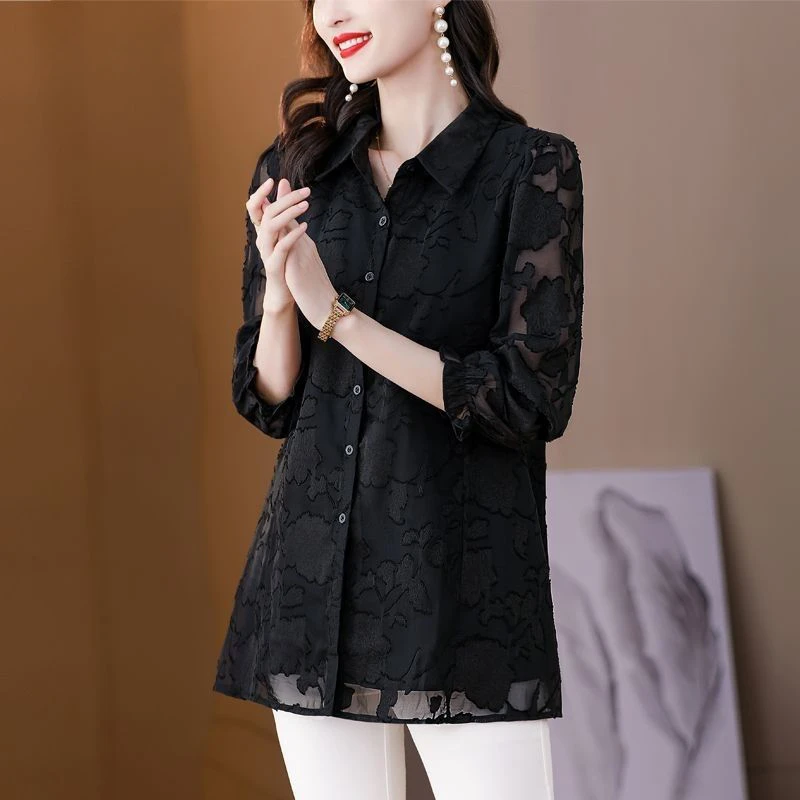 

Women Sexy Sheer Mesh Lace Button Up Shirt Office Lady Casual Elegant Blouse Black Long Sleeve Loose Tops Korean Blusas L148