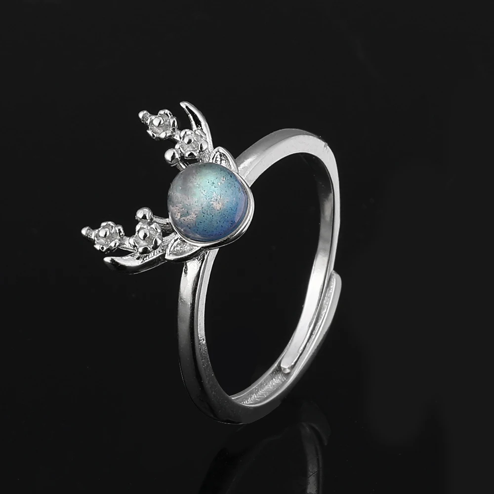 100% natural grey moonlight gem staghorn ring, suitable for women adjustable copper-plated silver ring, for parties and gifts