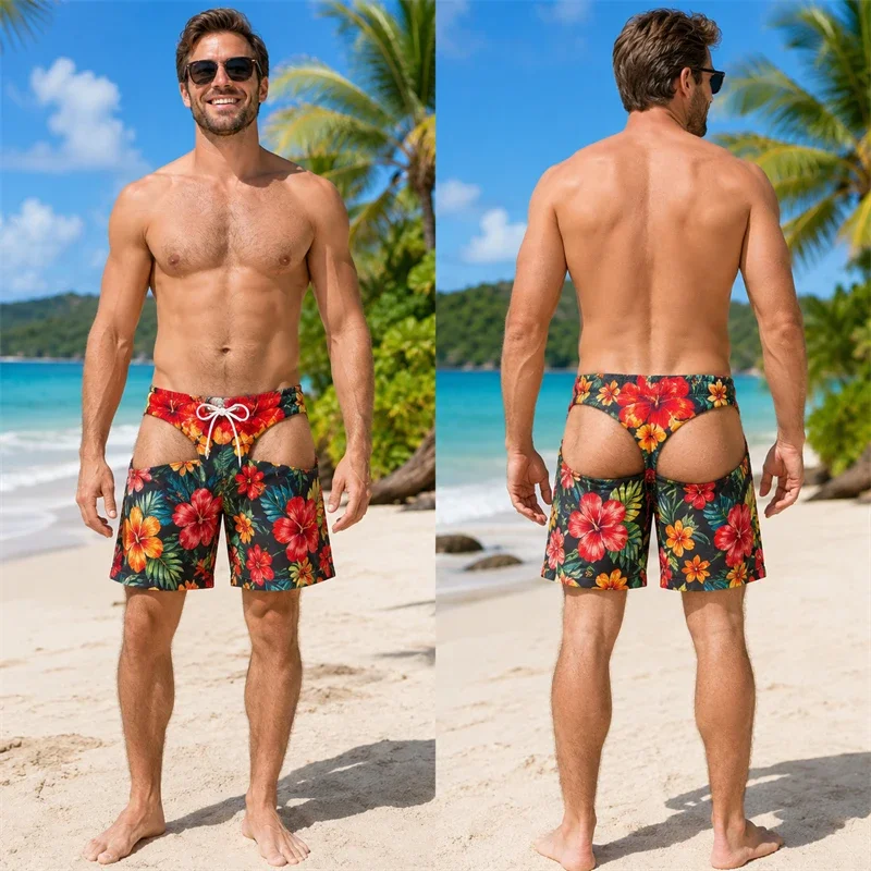 Men Funny Fake Two Piece Beach Shorts Ocean Wave Print Novelty Gag Swim Trunks Blue Bikini Waist Board Shorts Pool Party
