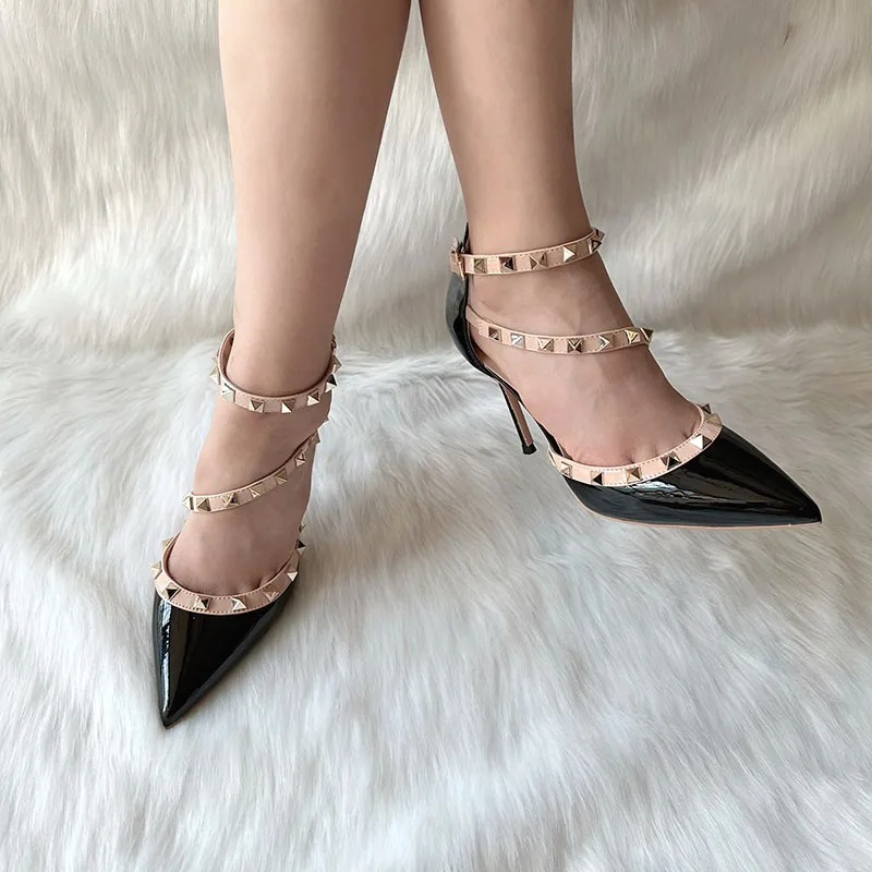 

2024 Hot Pointed toe Designer Super High-Heeled Shoes Elegant Women Ladies Luxury Black Patent Stud Straps Evening Footwear